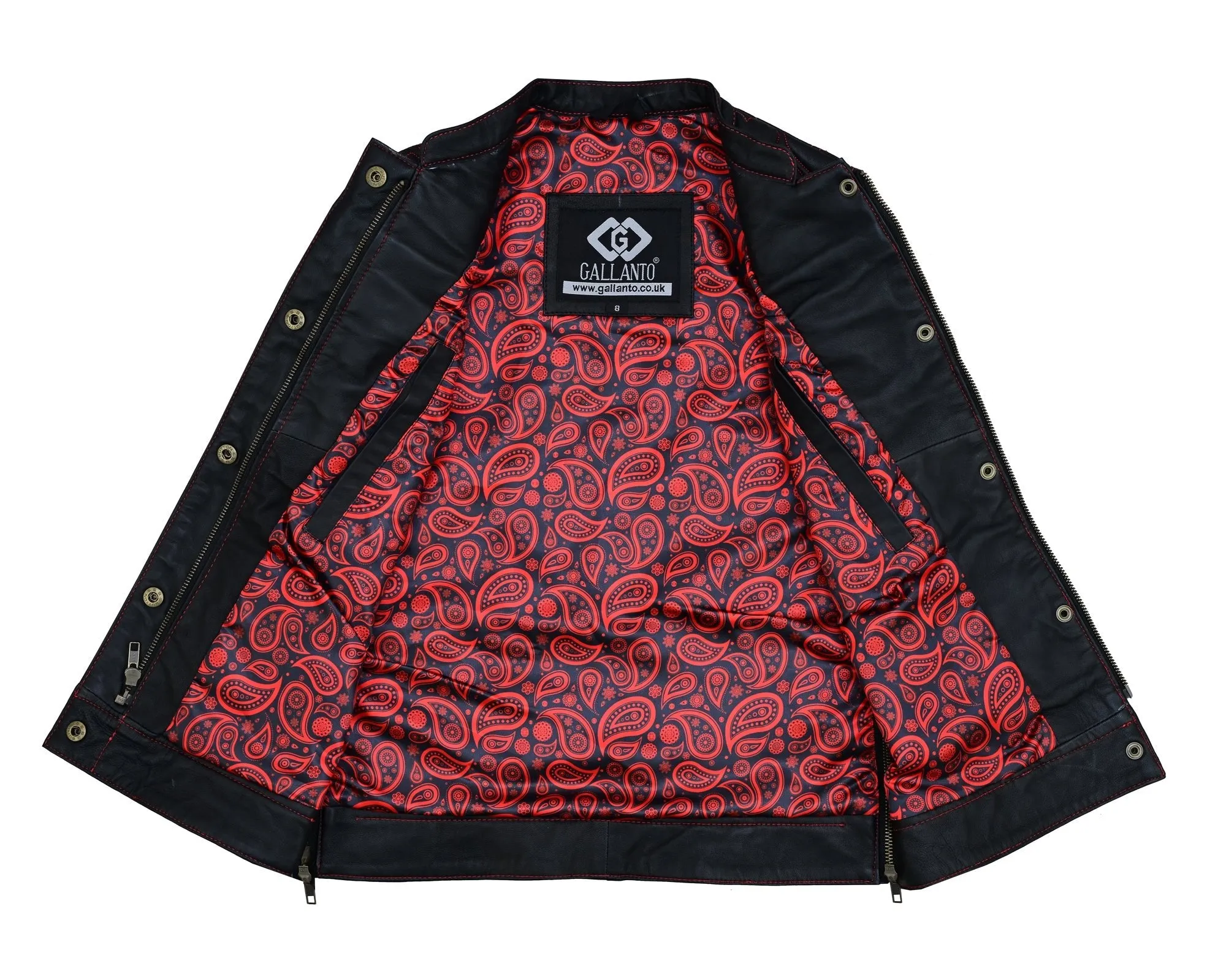 Womens Black Leather & Denim Biker Vest with Hearts and Red Stitching