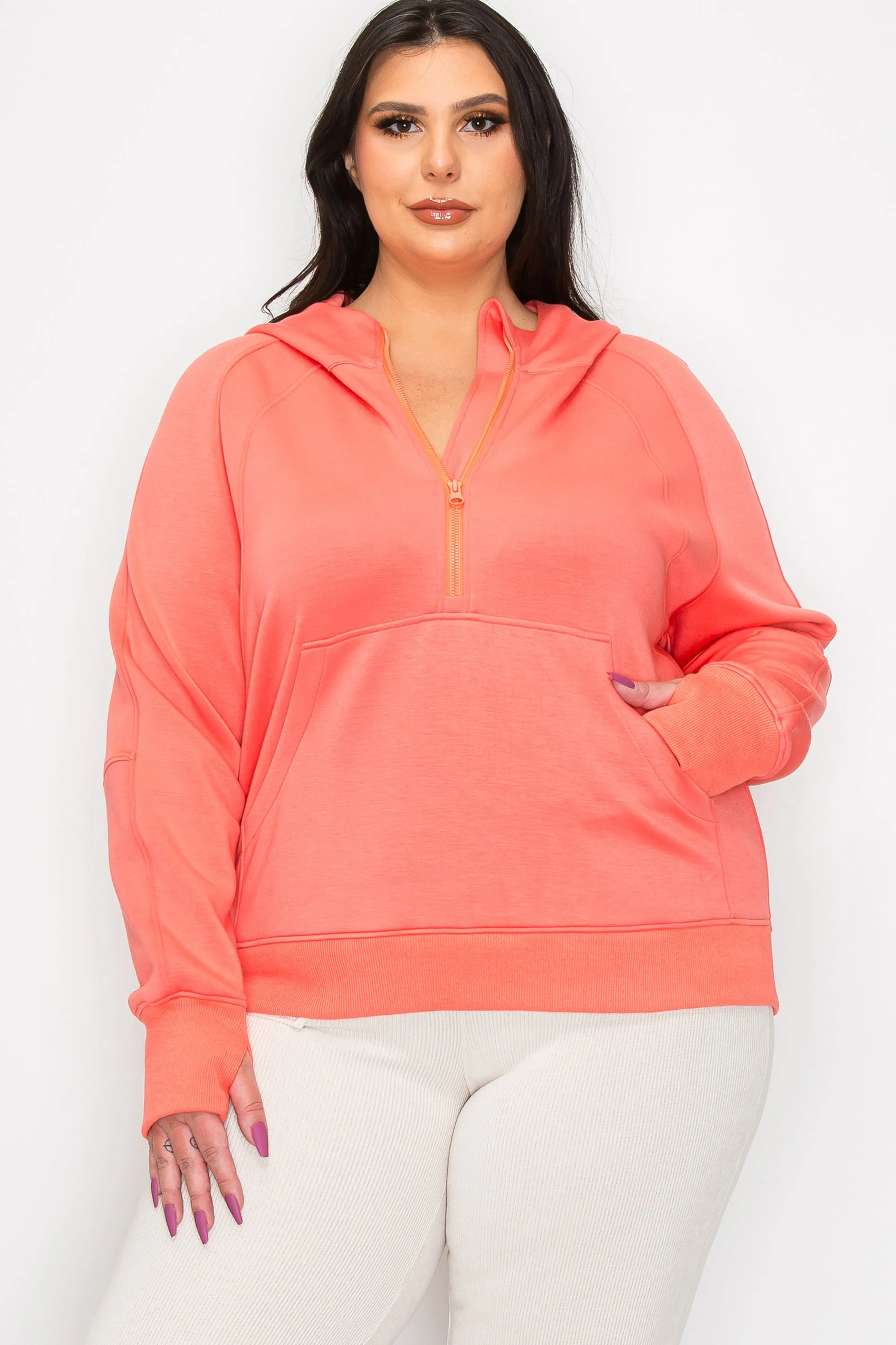 Women's Plus Size Half-Zip Scuba Hoodie with Thumb Hole