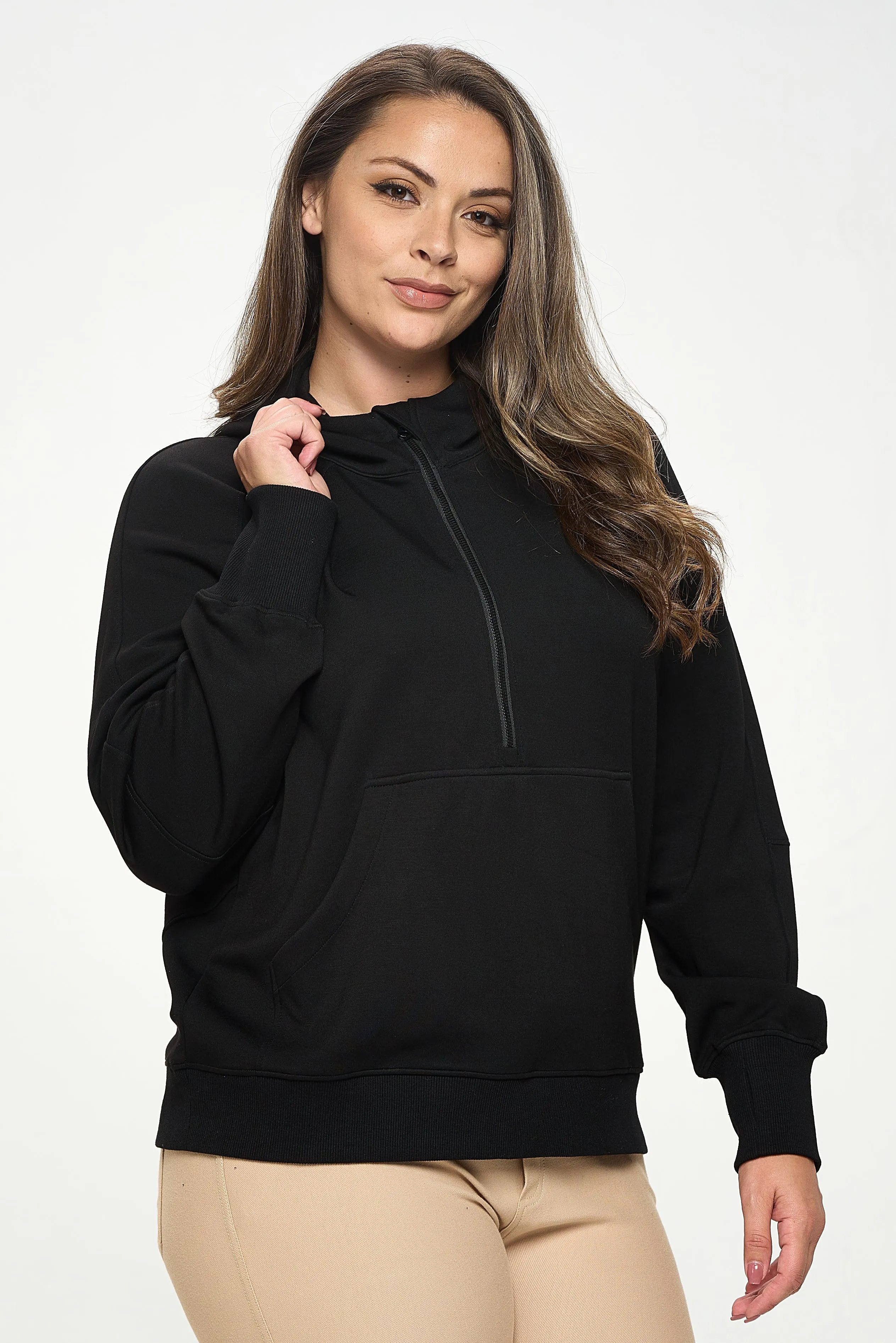 Women's Plus Size Half-Zip Scuba Hoodie with Thumb Hole