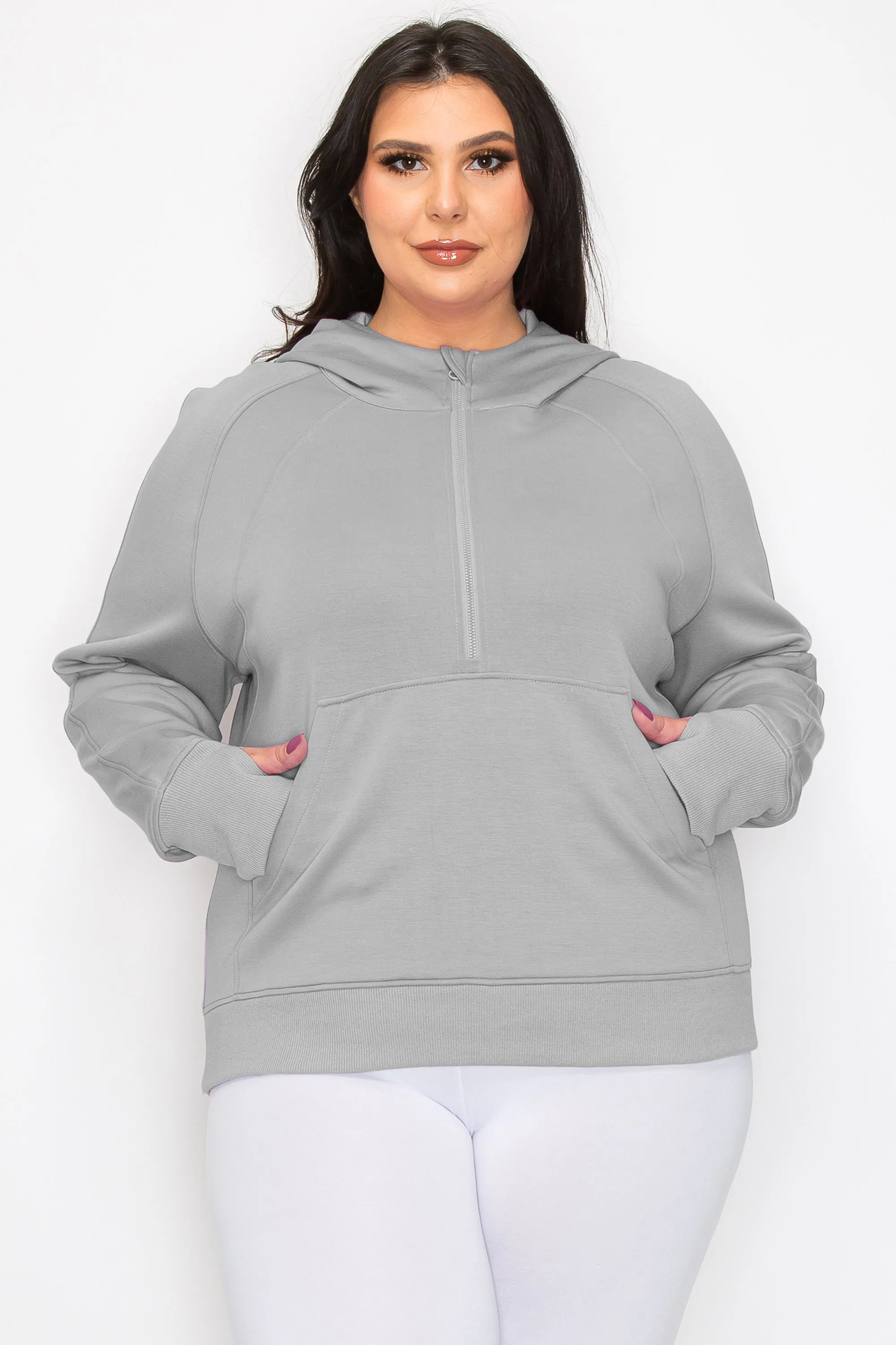 Women's Plus Size Half-Zip Scuba Hoodie with Thumb Hole
