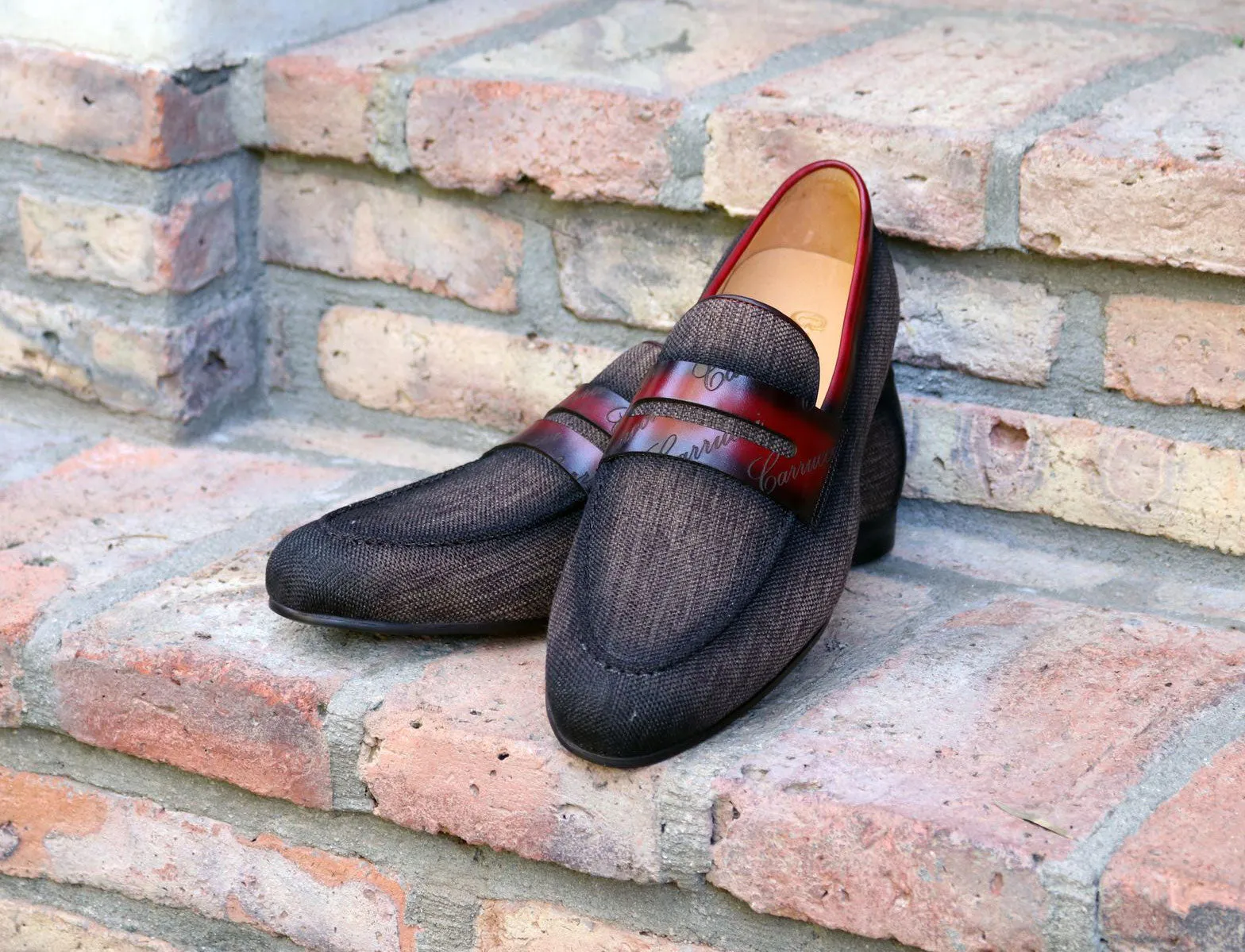 Woven Canvas & Calfskin Slip-On Loafer Brown/Burgundy