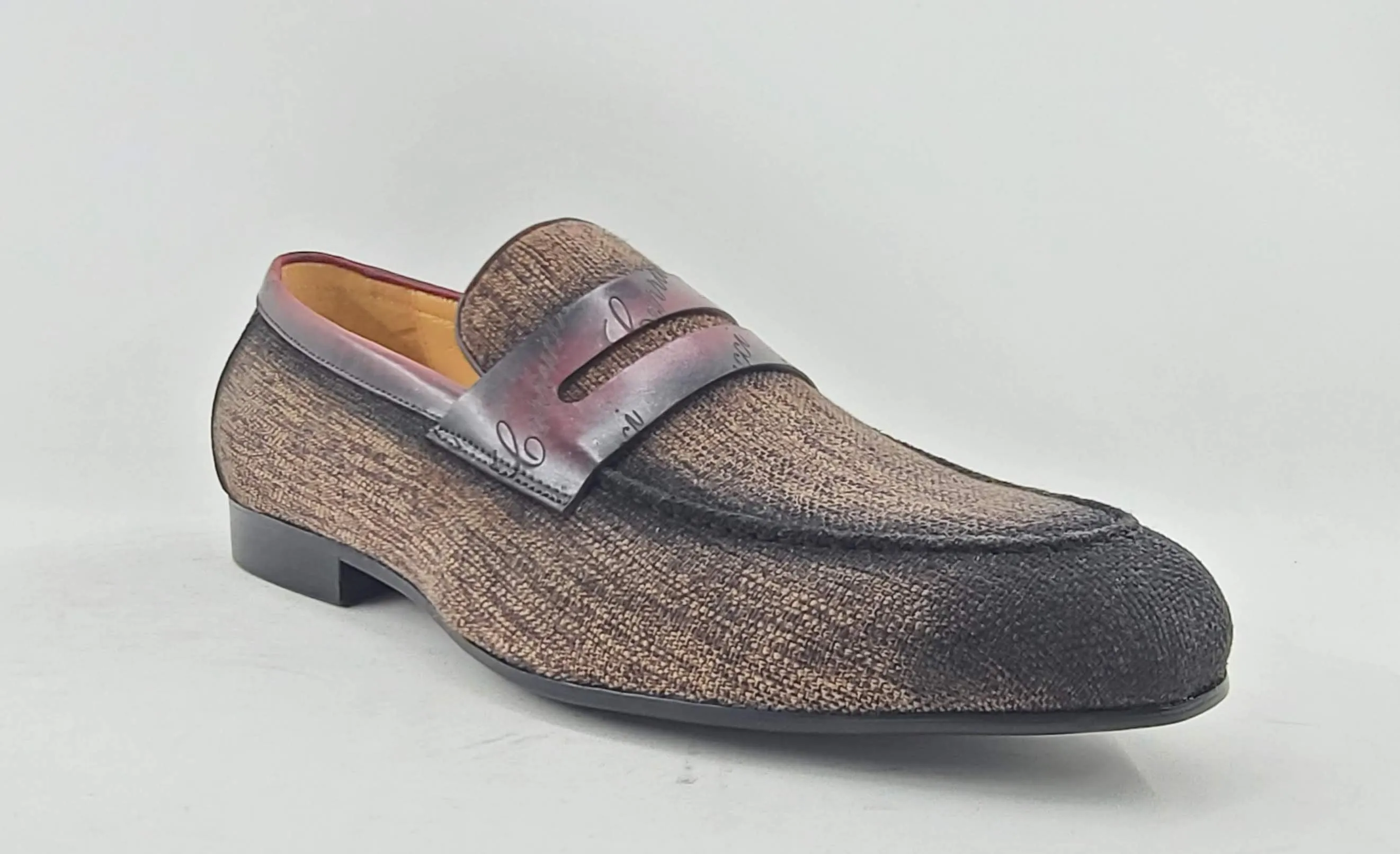 Woven Canvas & Calfskin Slip-On Loafer Brown/Burgundy