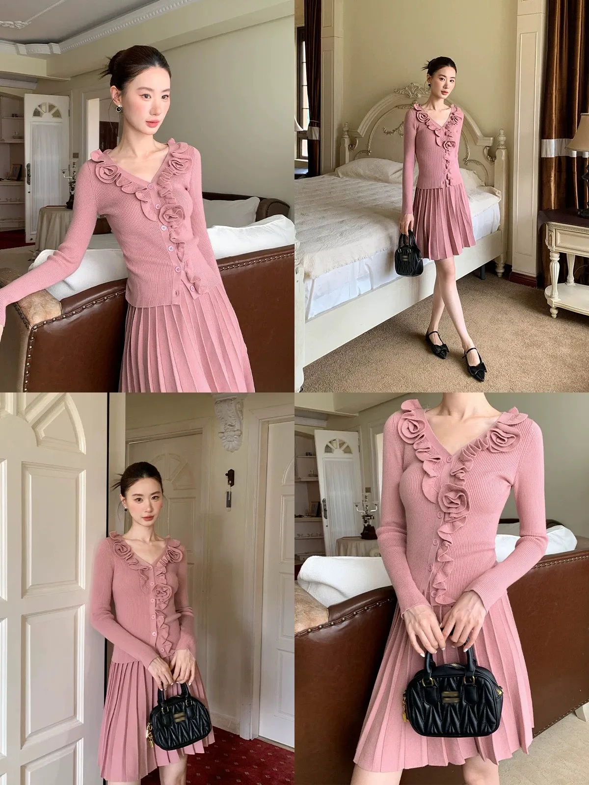 XXNING French style three-dimensional floral knitted sweater skirt suit for women new style elegant two-piece set