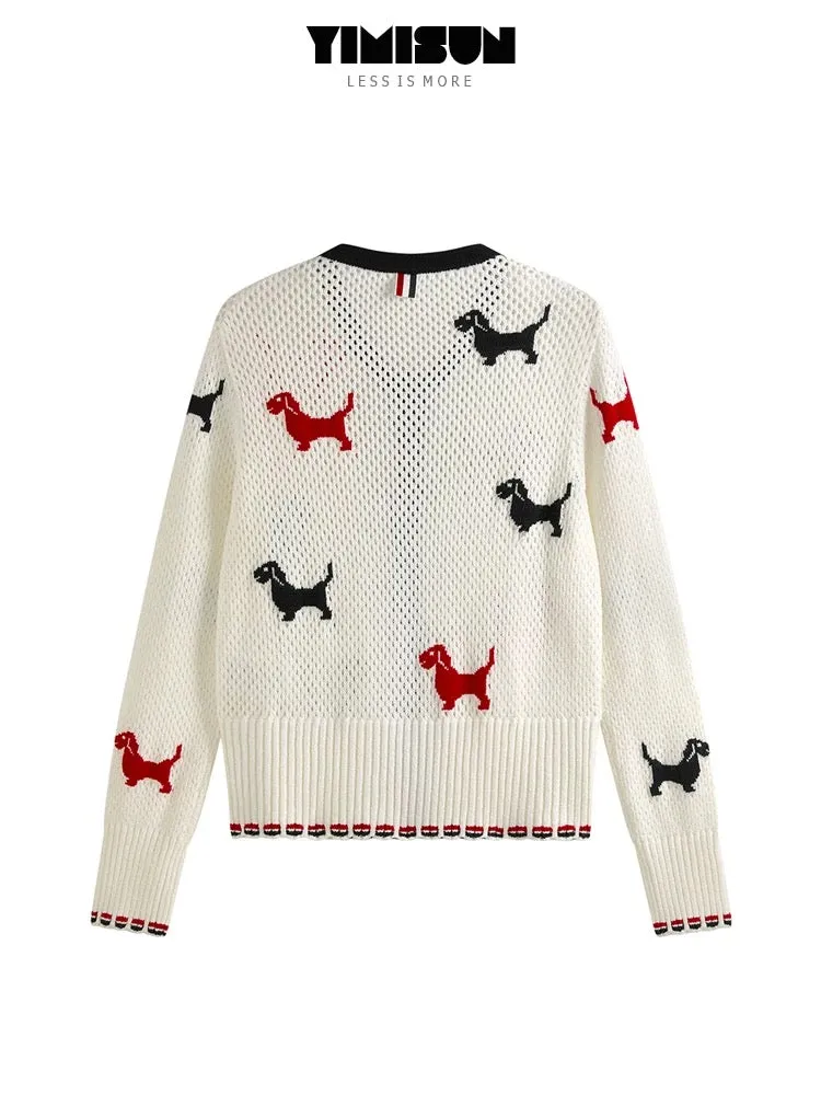 YIMISUN Colorful Puppy Jacquard Knitted Cardigan Women's Hollow Mesh Design Round Neck Slim Casual Jacket