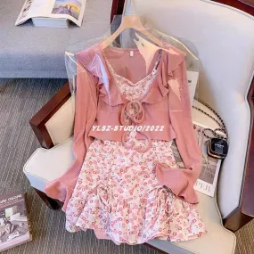 YLSZ Customized ~ Tipsy Macchiato ~ Fungus-edged knitted cardigan pink short long sleeves + floral suspender skirt (D118)